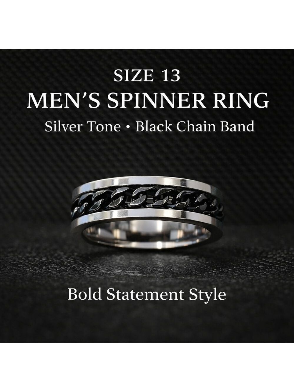 Brand New Men’s Size 13 Spinner Ring Silver Tone Black Chain Band Statement Ring